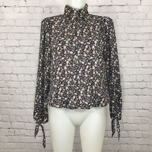 Ruched Turtleneck Floral Blouse with Ties at Wrist